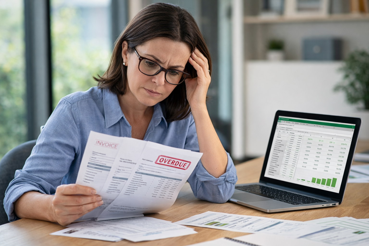 Business professional reviewing unpaid invoices and accounts receivable affecting cash flow