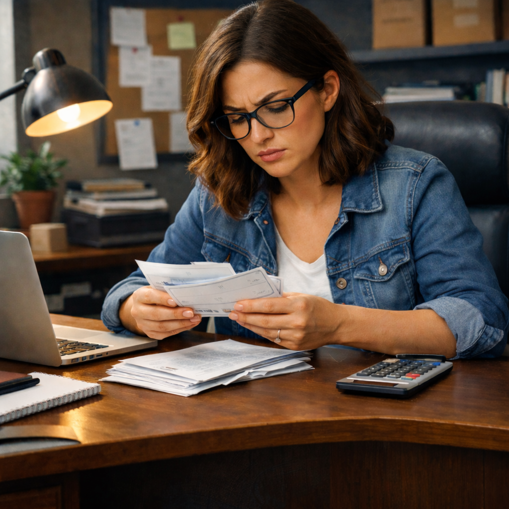 young small business owner counting checks at desk looking worried about cash flow