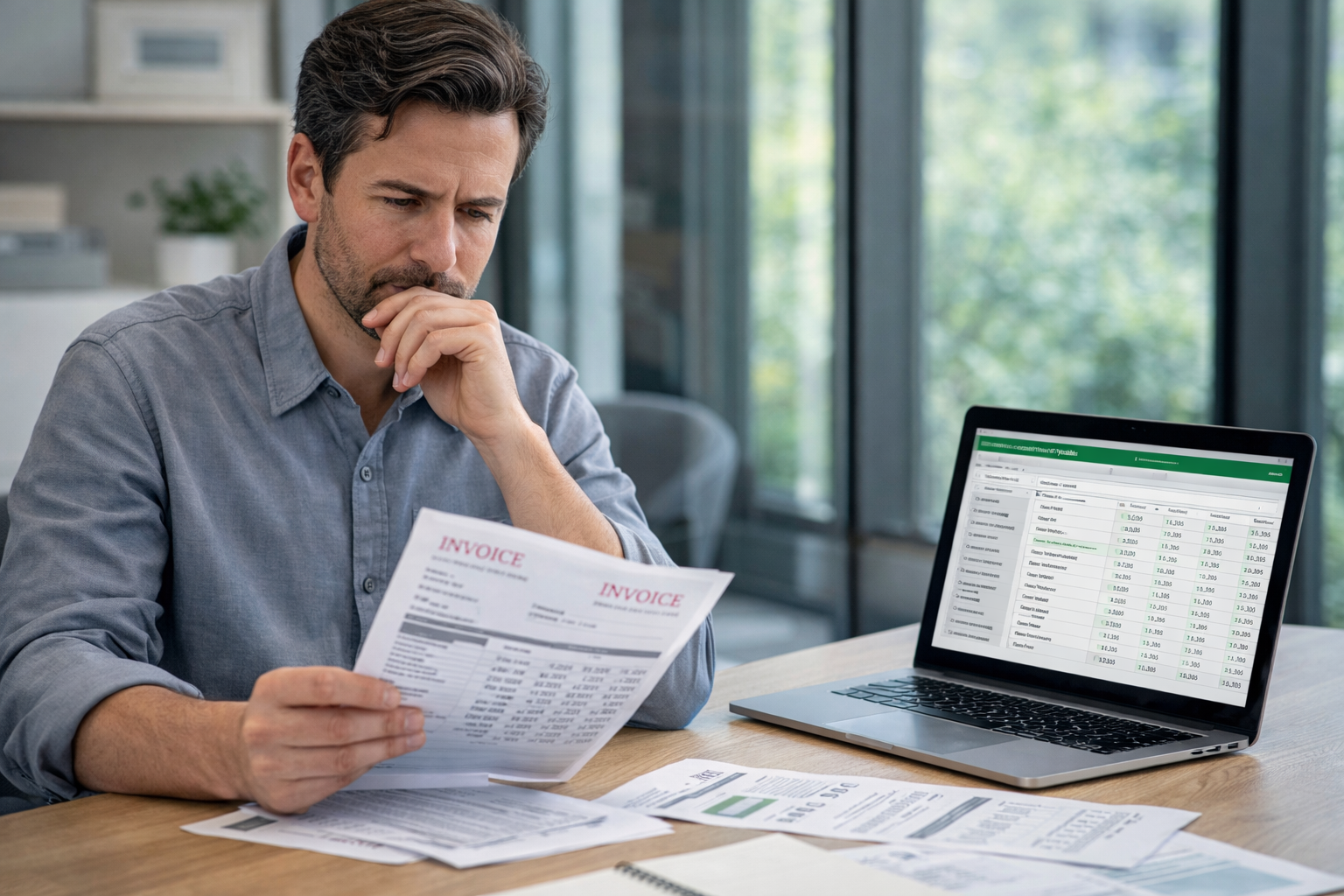 Business professional reviewing invoices and managing accounts payable to improve cash flow