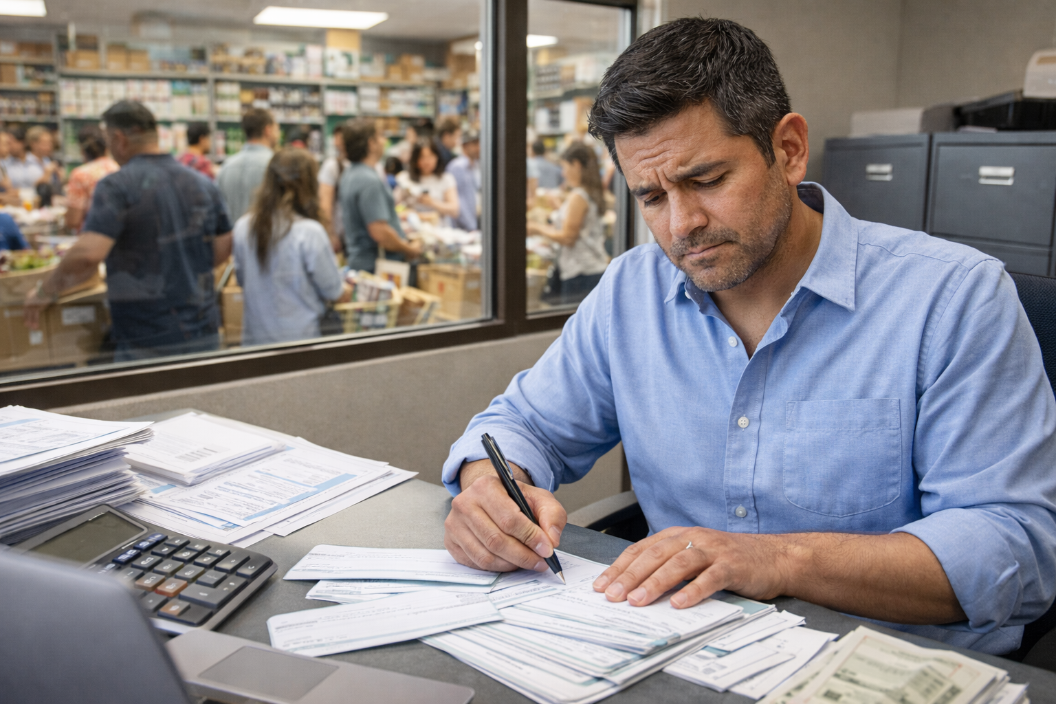 Small business owner signing multiple checks with concern while store behind him is full of customers buying products
