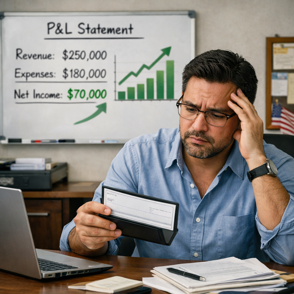 Latino small business owner looking worried while holding an empty checkbook with a profitable P&L statement in the background showing positive net income.