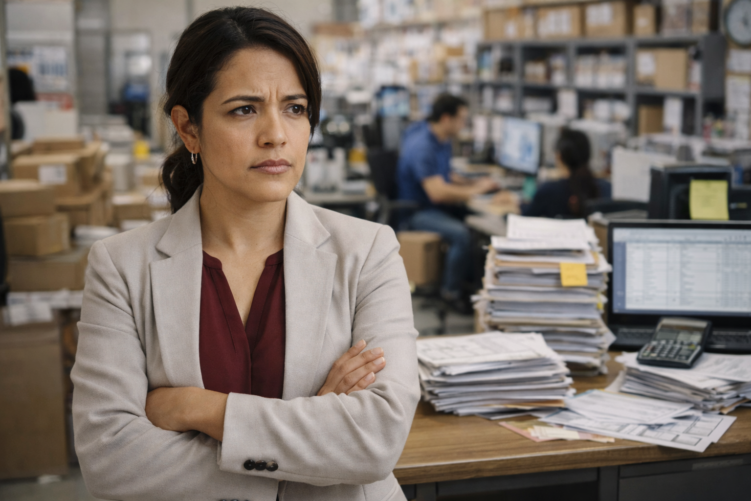 Latina small business owner looking concerned in office with paperwork and operational workload
