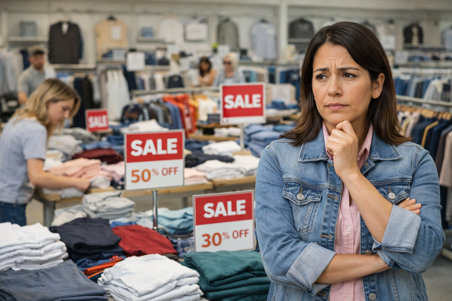 Latina clothing store owner looking worried at discounted merchandise with few customers shopping