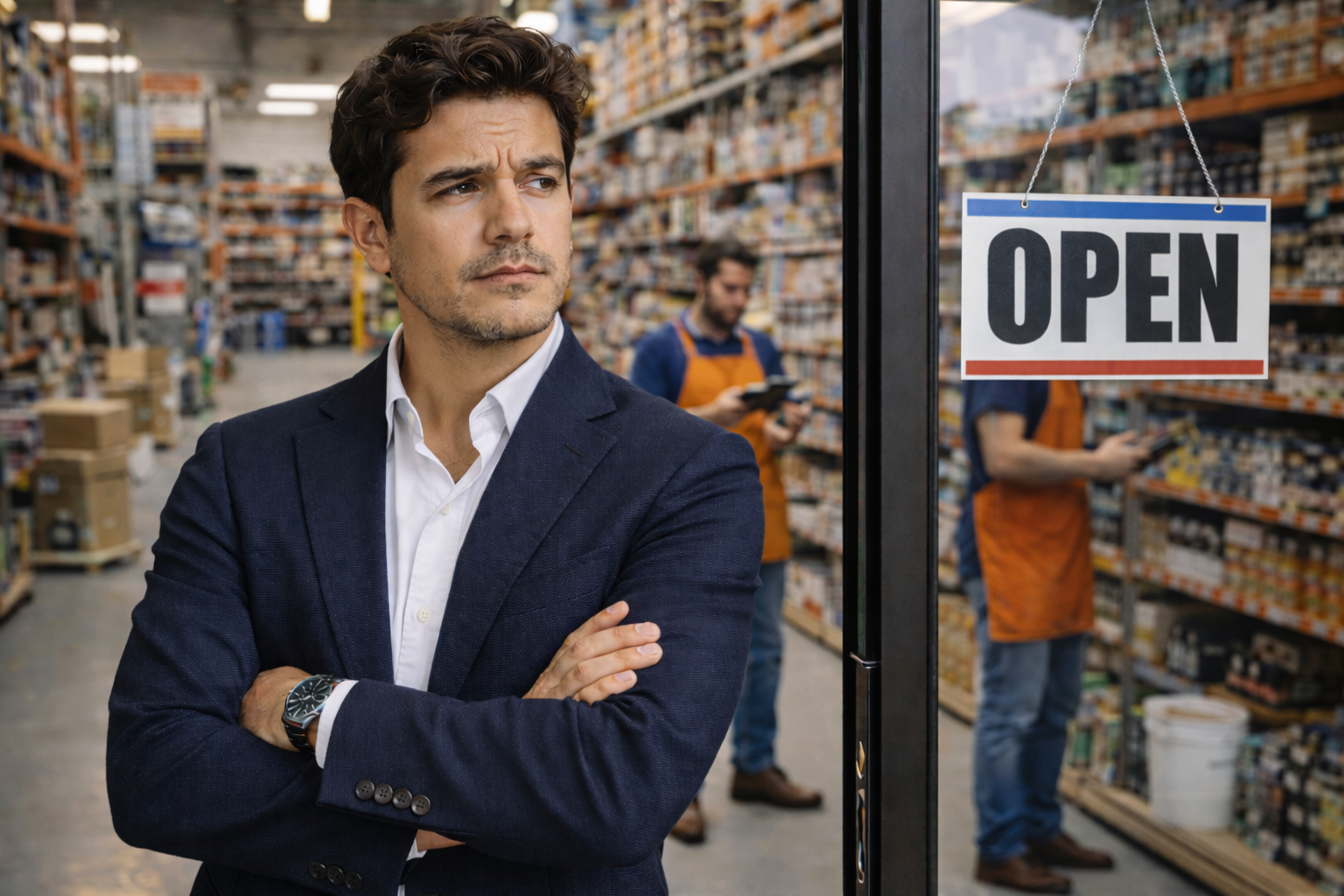 Small business owner standing at hardware store entrance waiting for customers while employees work inside