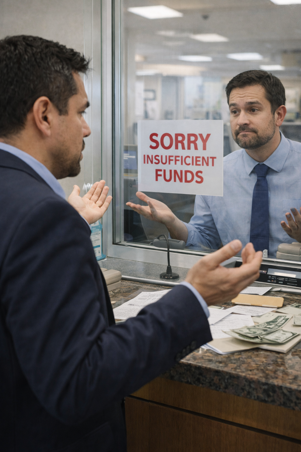 Latino businessman at bank counter unable to withdraw money while bank teller shows no concern behind glass window