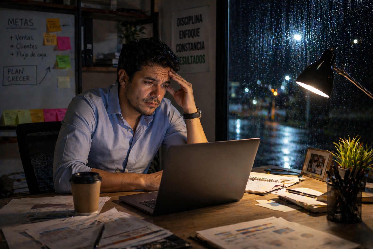 Latino entrepreneur working late at night looking tired in office with laptop and rain outside window