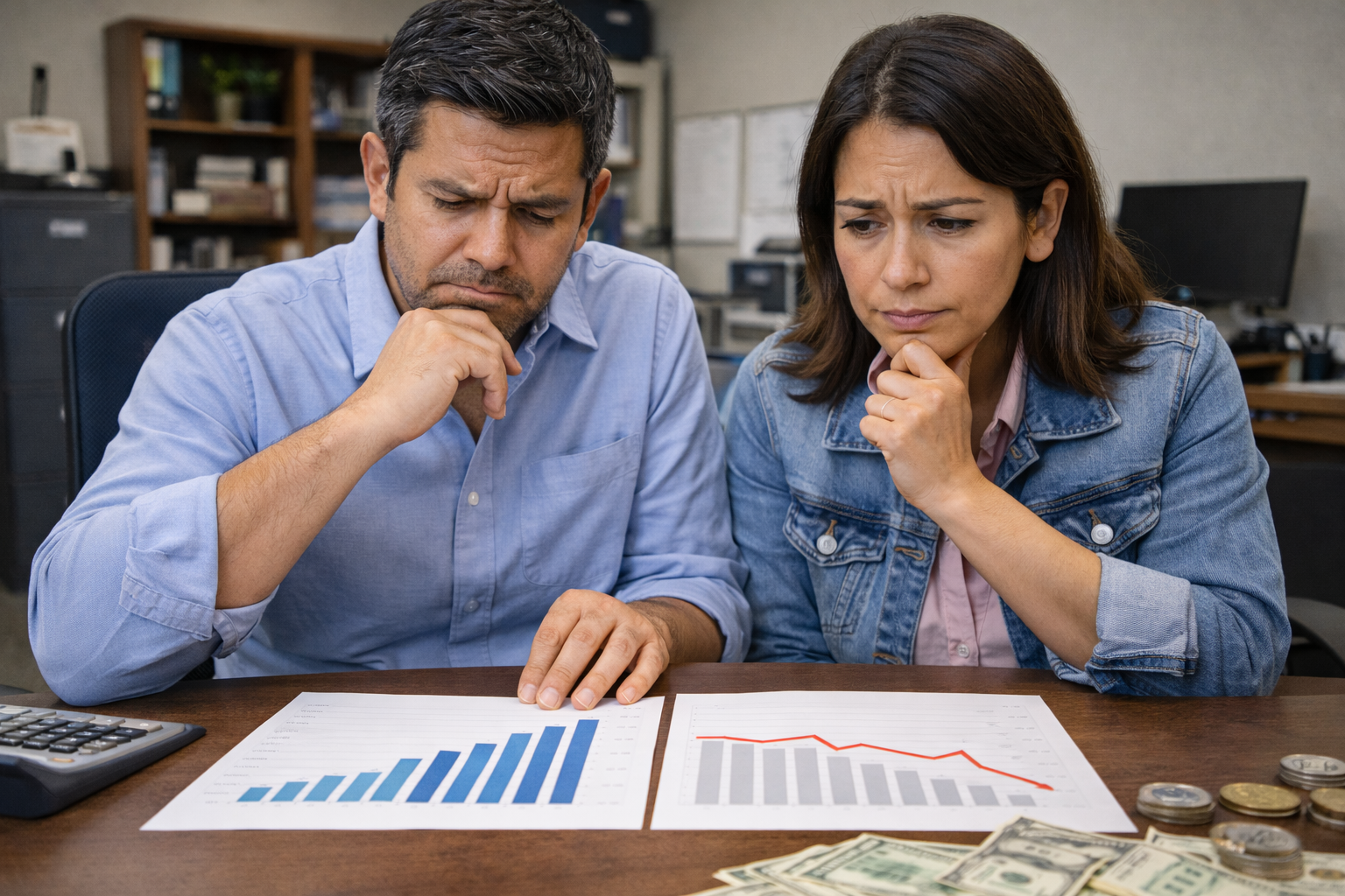 Small business owners analyzing charts with increasing sales and decreasing profitability with cash on the table
