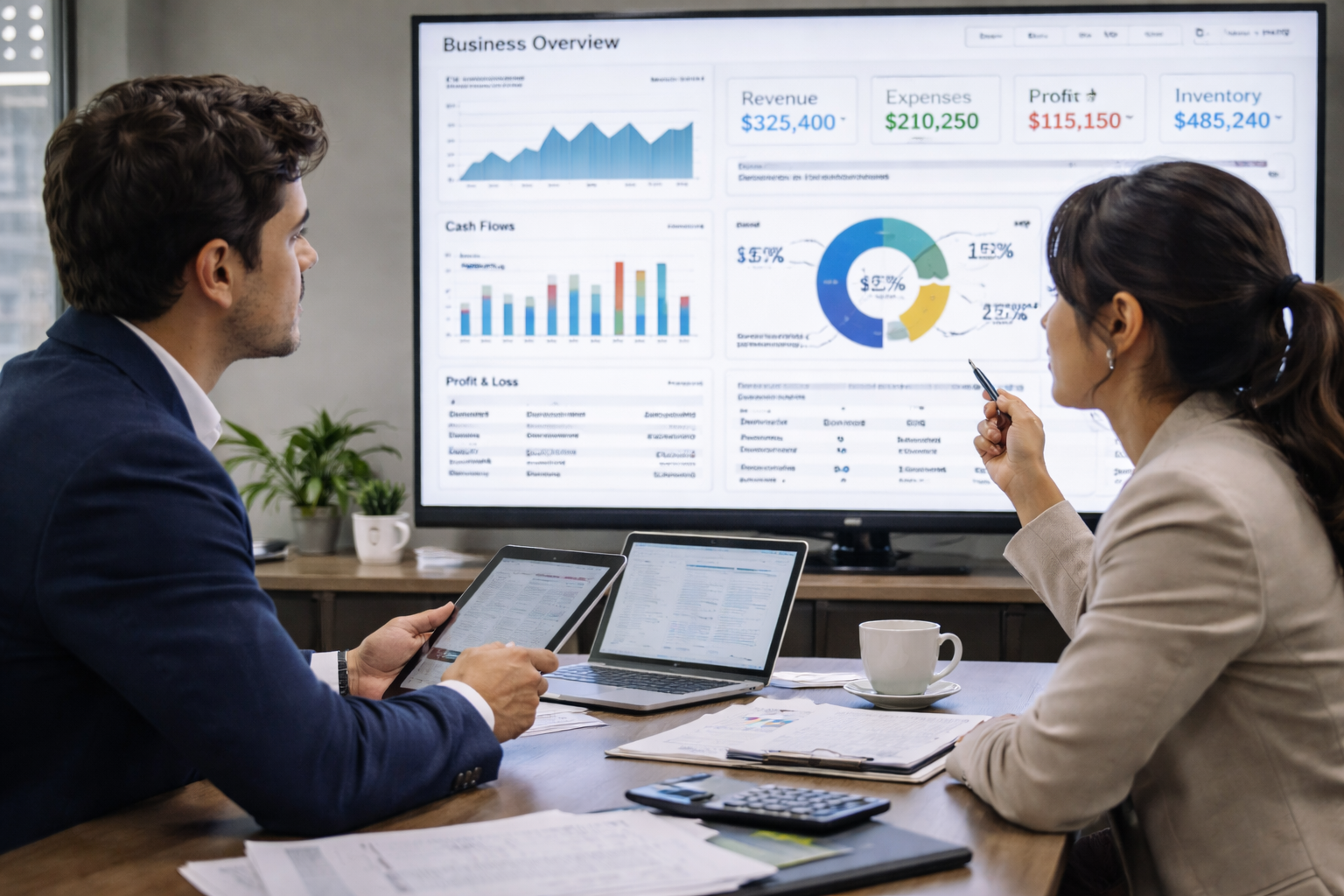 Two small business owners analyzing financial dashboard on large screen in meeting room