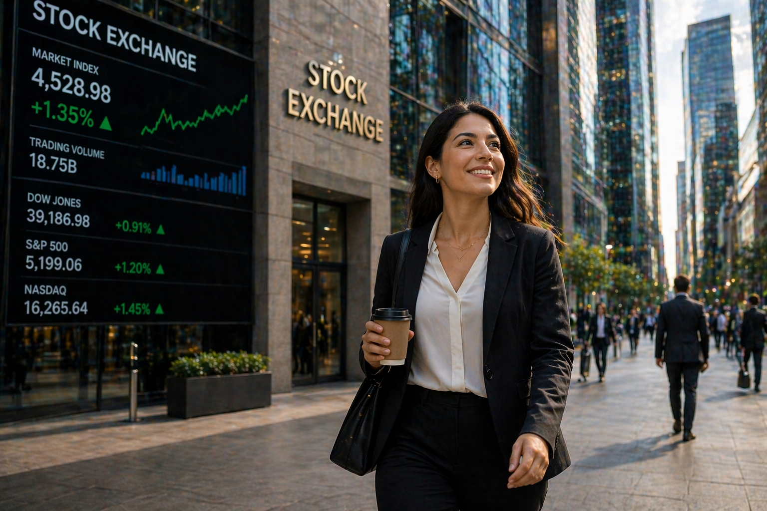 Latina businesswoman walking confidently in financial district near stock exchange building