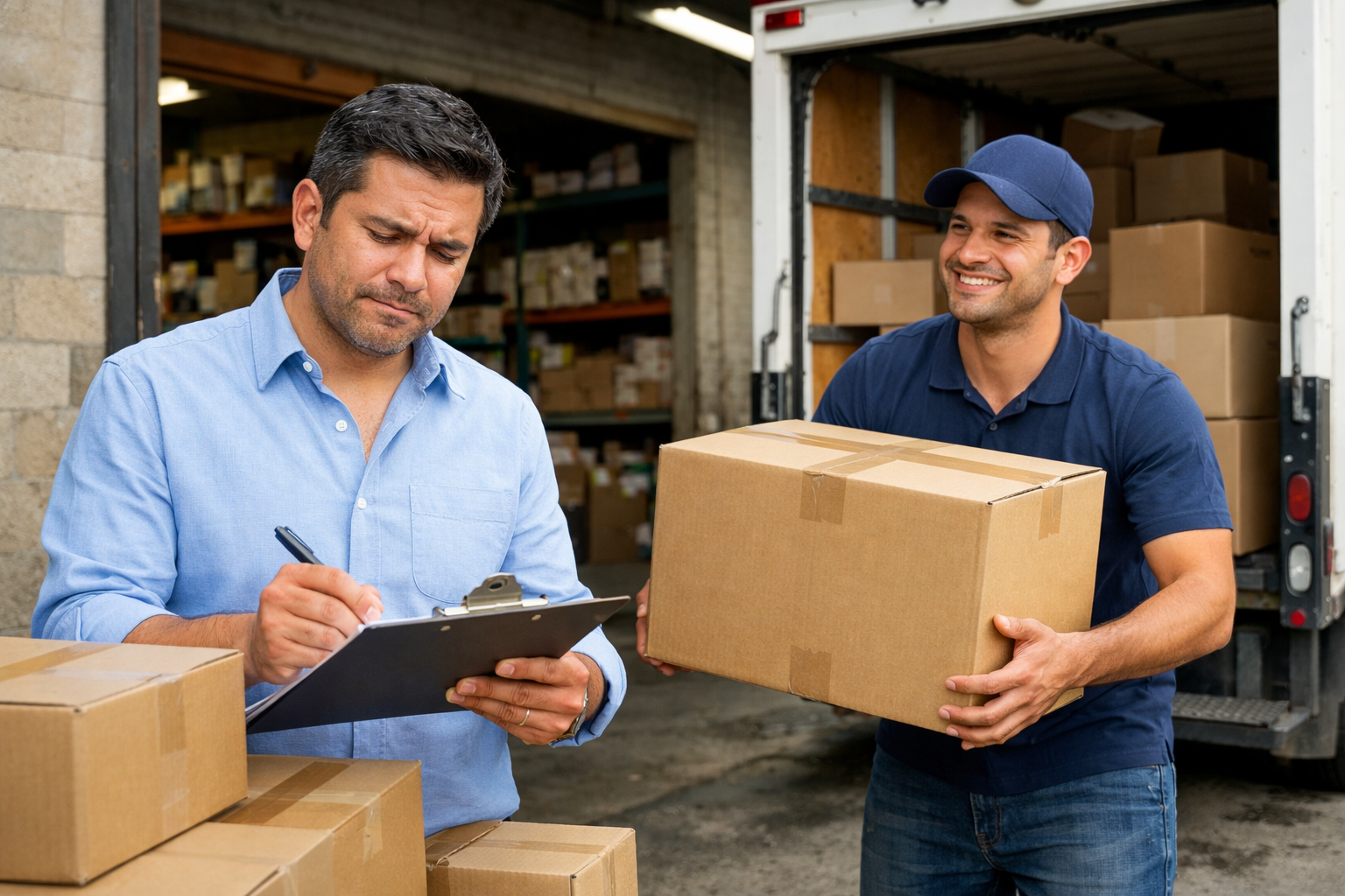 Small business owner checking inventory delivery with concern while worker unloads boxes from truck at warehouse