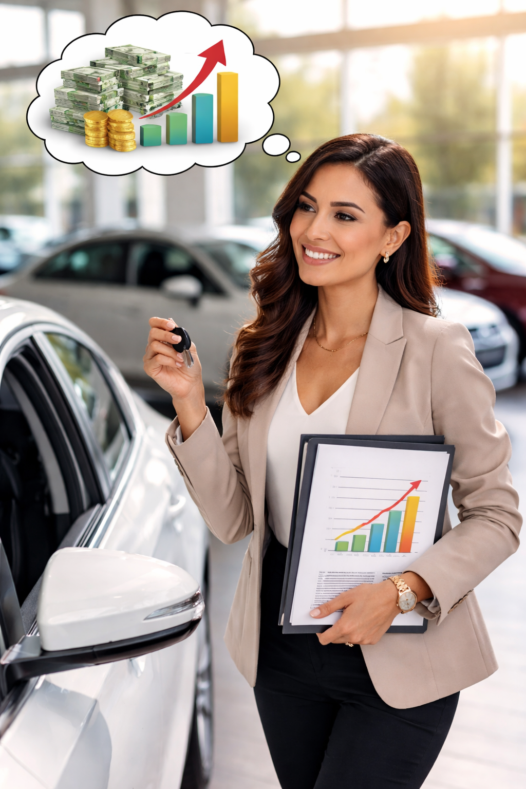 Latina business owner buying a car after business profit, illustrating the difference between profit and cash flow in small business finance