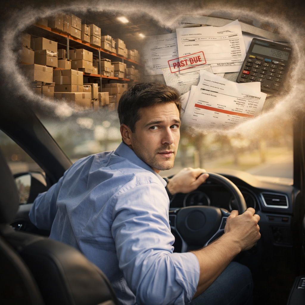 Young business owner entering his car while thinking about inventory buildup and financial statements, representing hidden cash flow problems in small businesses