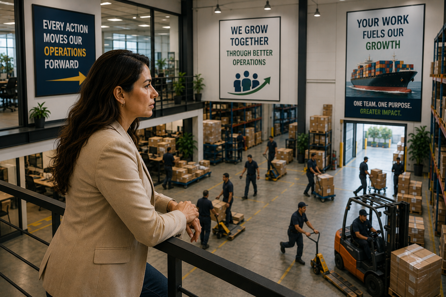 Latina business owner observing busy warehouse operations from office balcony
