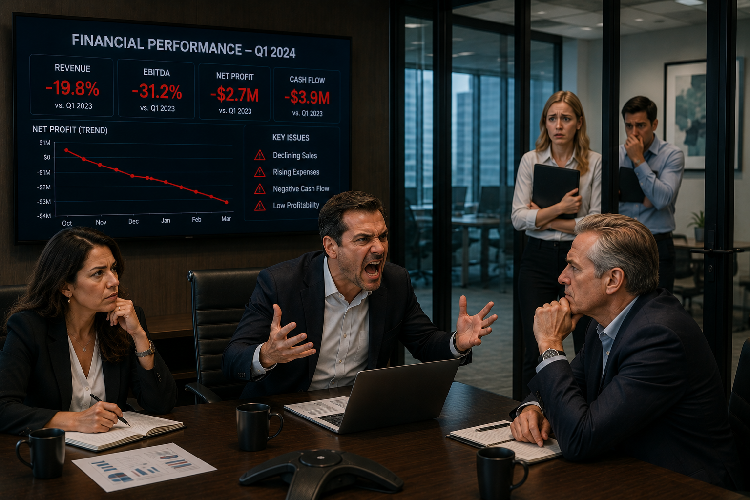 Corporate board meeting with executives reacting emotionally to poor financial results while employees look intimidated outside office