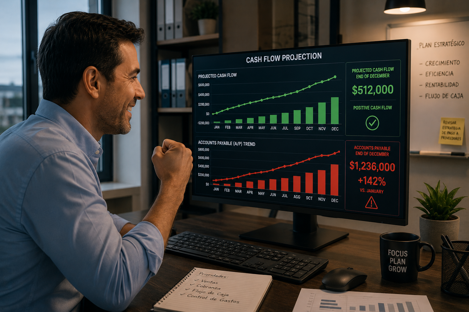 Business owner smiling at positive cash flow projection while accounts payable increase sharply on screen
