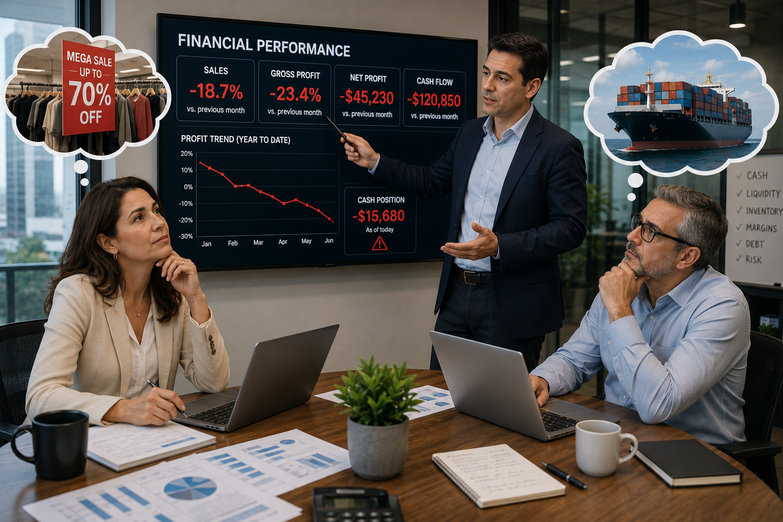 Business executives reviewing negative financial results while considering discounts and more inventory purchases