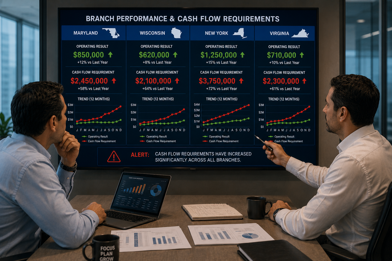 Business partners analyzing branch expansion results and rising cash flow requirements across multiple states