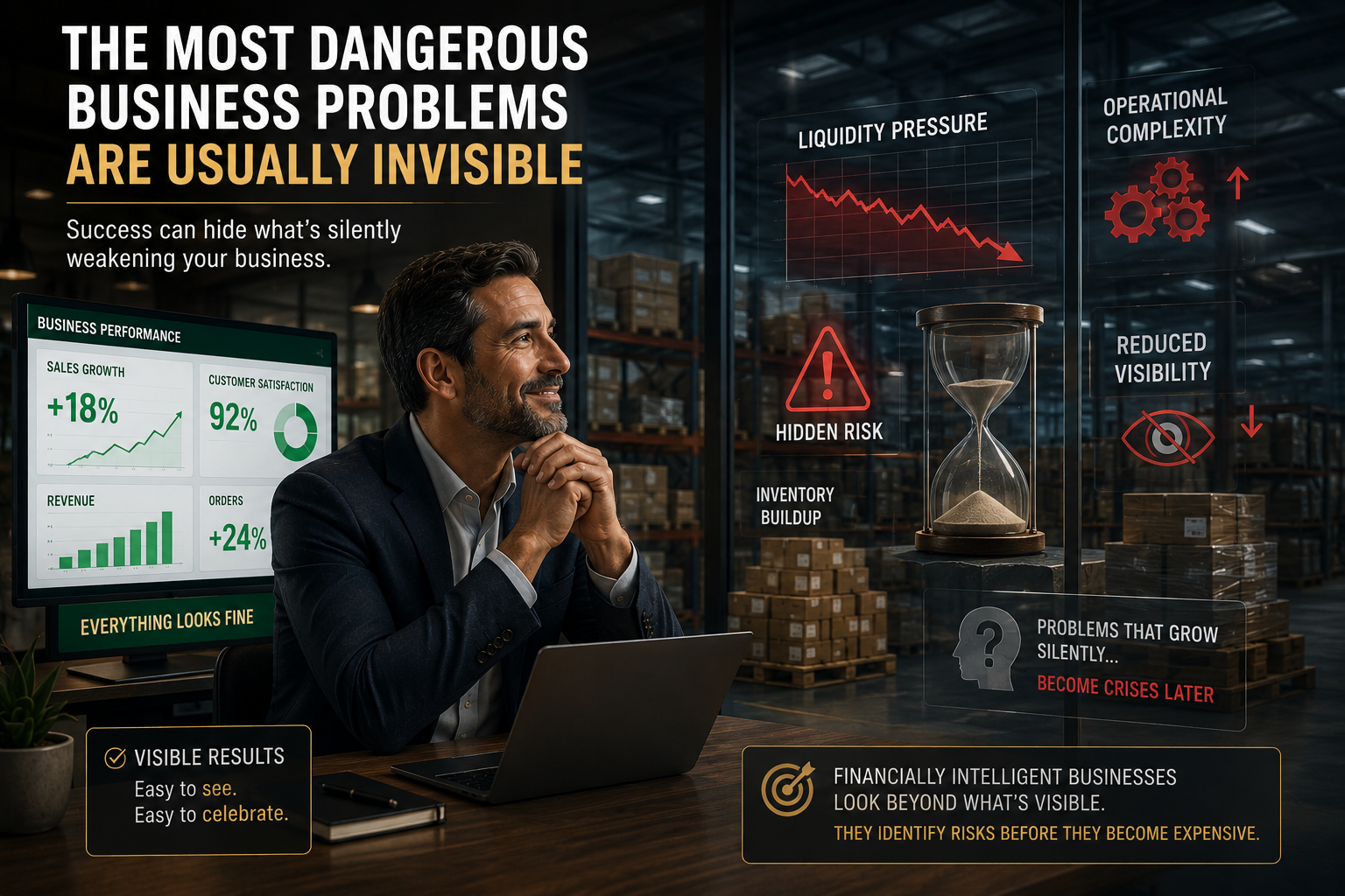 Business owner reviewing positive results while hidden financial risks develop behind the scenes