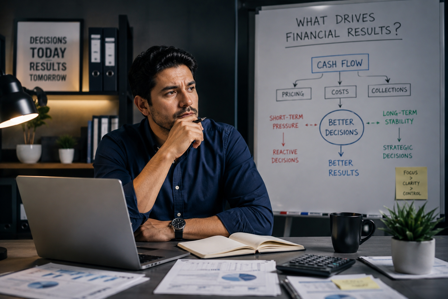Small business owner analyzing financial strategy and cash flow visibility in office