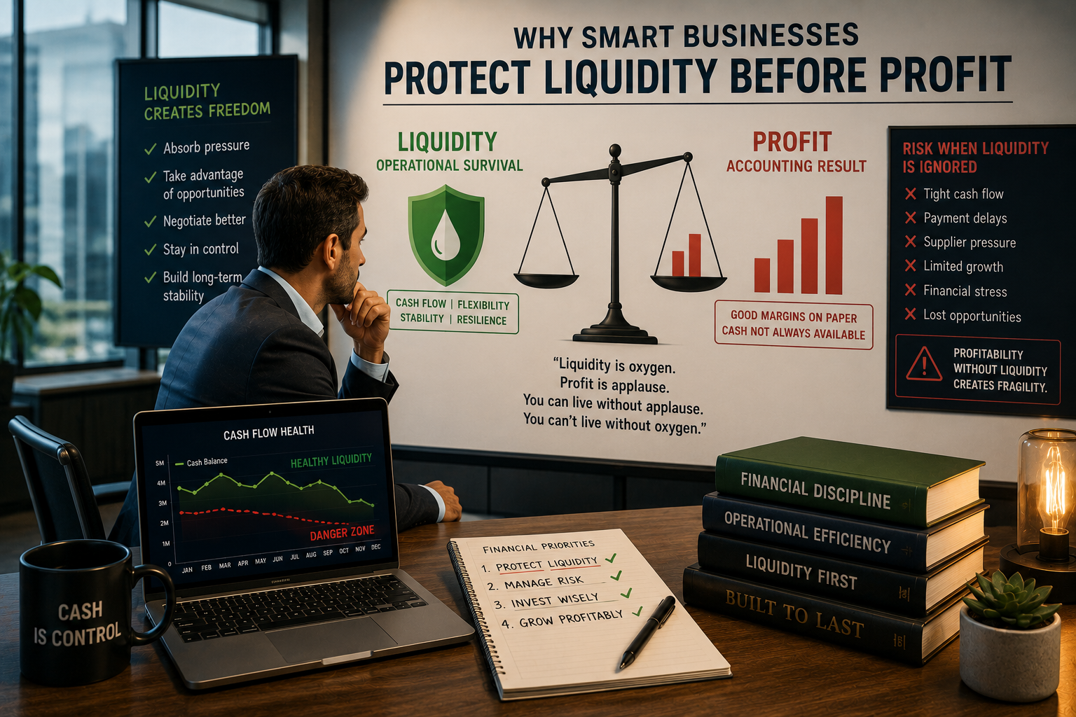 Business owner analyzing liquidity versus profit financial strategy dashboard in modern office