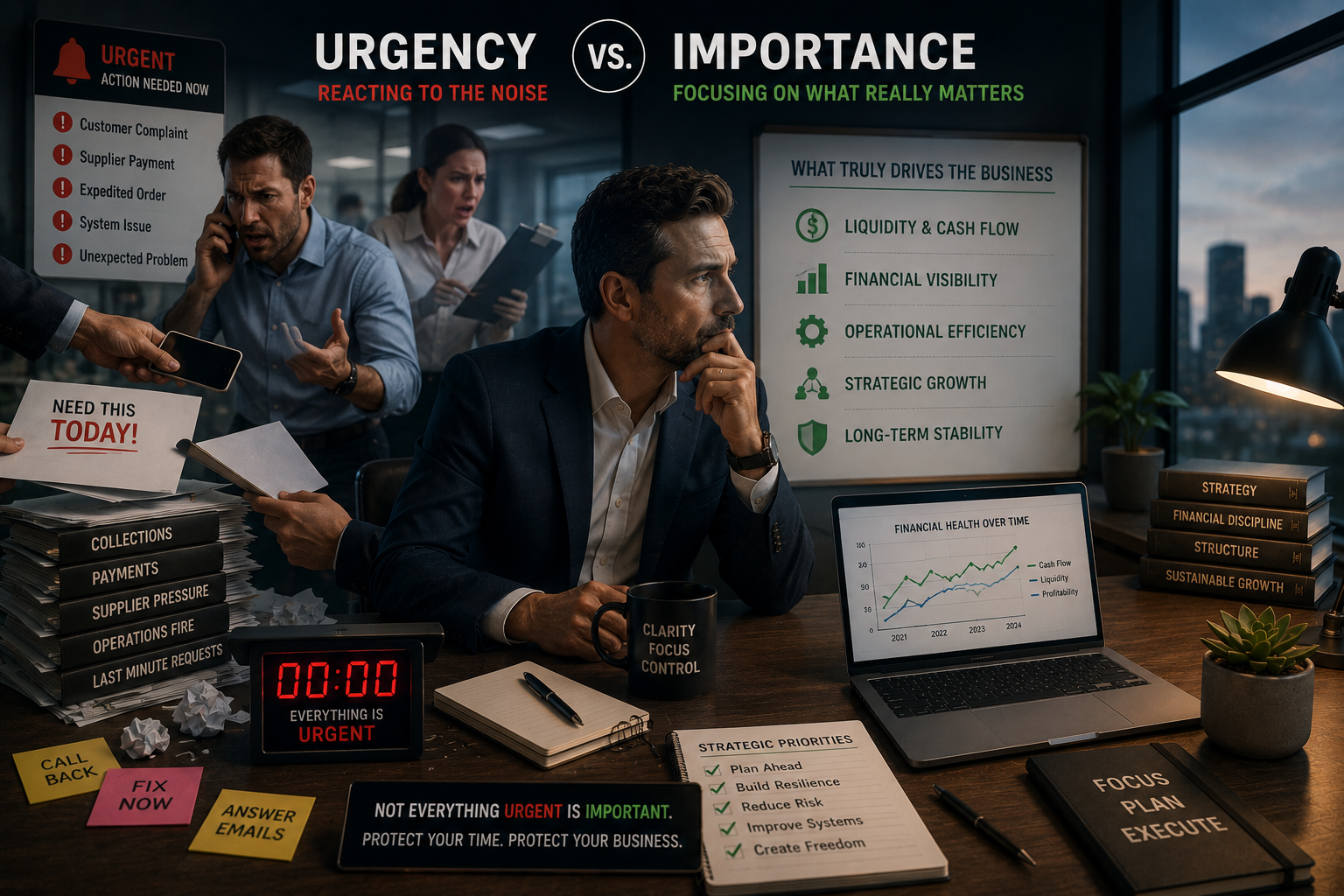 Business owner overwhelmed by urgent operational demands while comparing strategic priorities and financial clarity