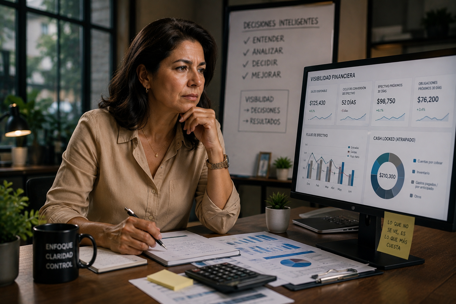Small business owner reviewing operational and financial metrics to improve long term business decisions