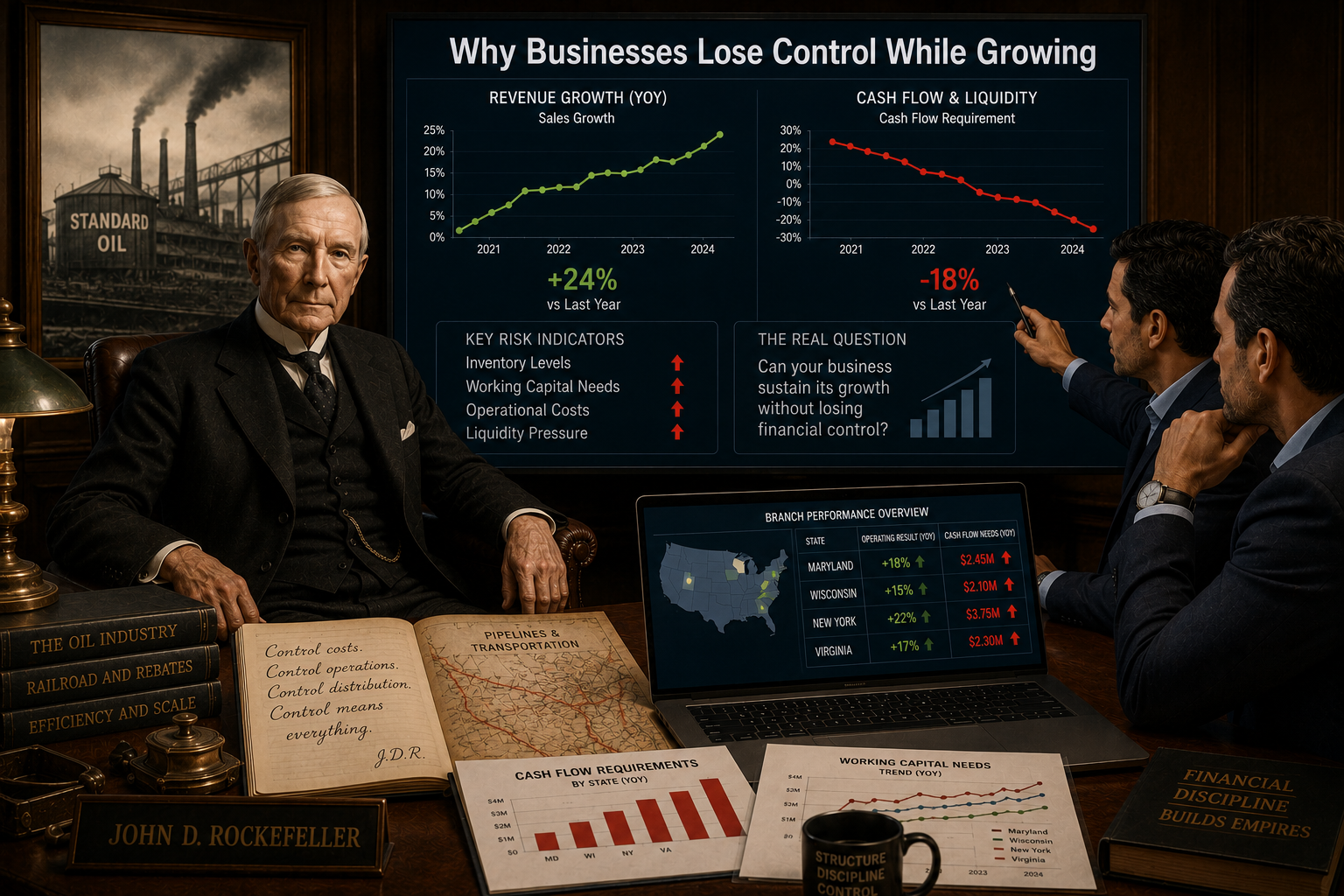 Rockefeller observing business executives analyzing growth, liquidity, and cash flow pressure dashboards