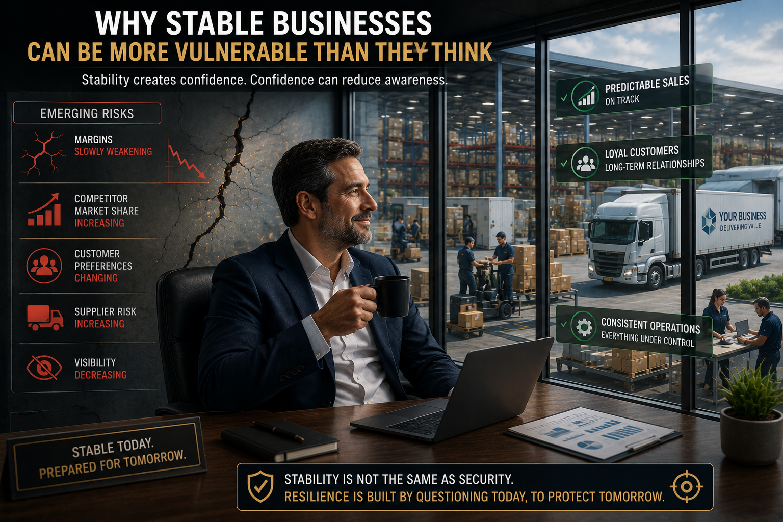 Business owner observing stable operations while hidden risks quietly increase behind current success