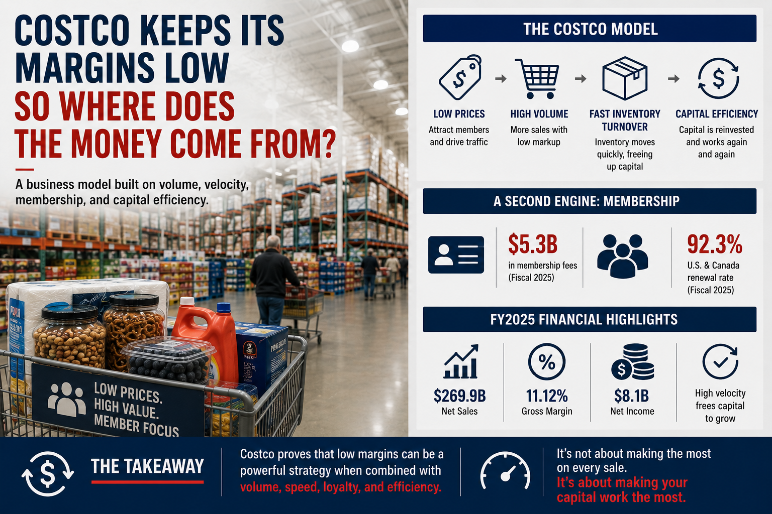 Costco business model showing how low margins, high volume and fast inventory turnover create capital efficiency