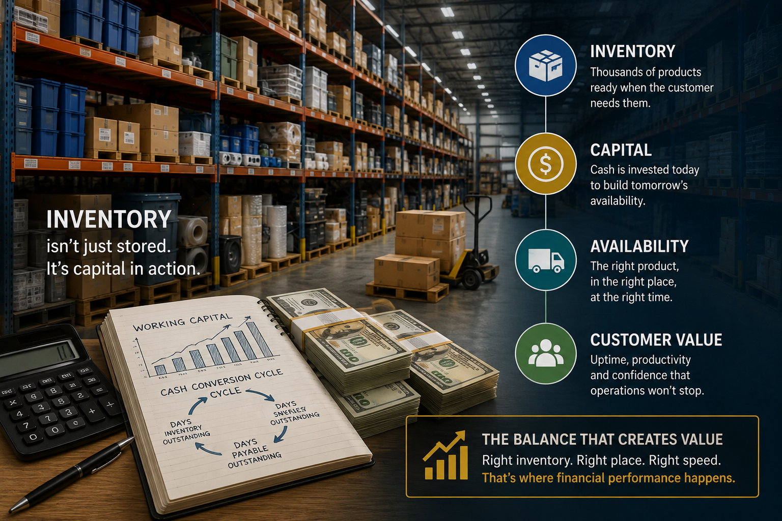 Uline business model showing how 45,000+ products require inventory and working capital